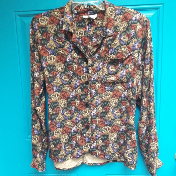 Vintage Blouse Button Down Roses Bold Print Camo - Picture 7 of 13